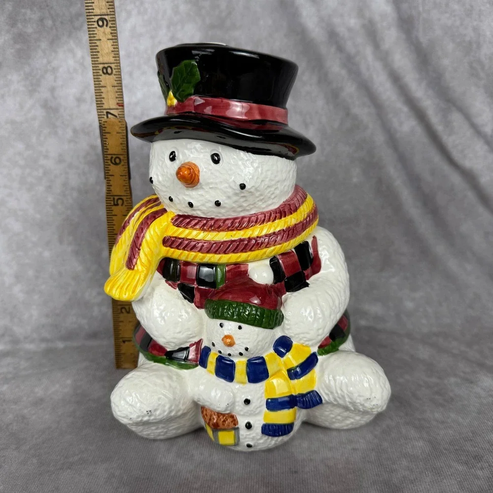 Vtg Snowman & Baby Cookie Jar Canister Ceramic Plaid Vest Christmas Holiday 9